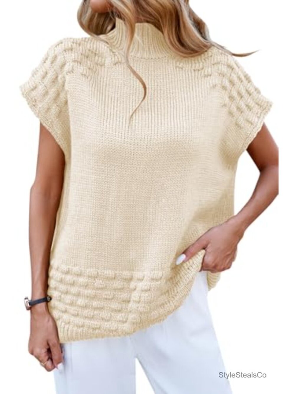 Cakulo Womens Oversized Sweater Vest Mock Neck Pullover Cap Sleeve Knit